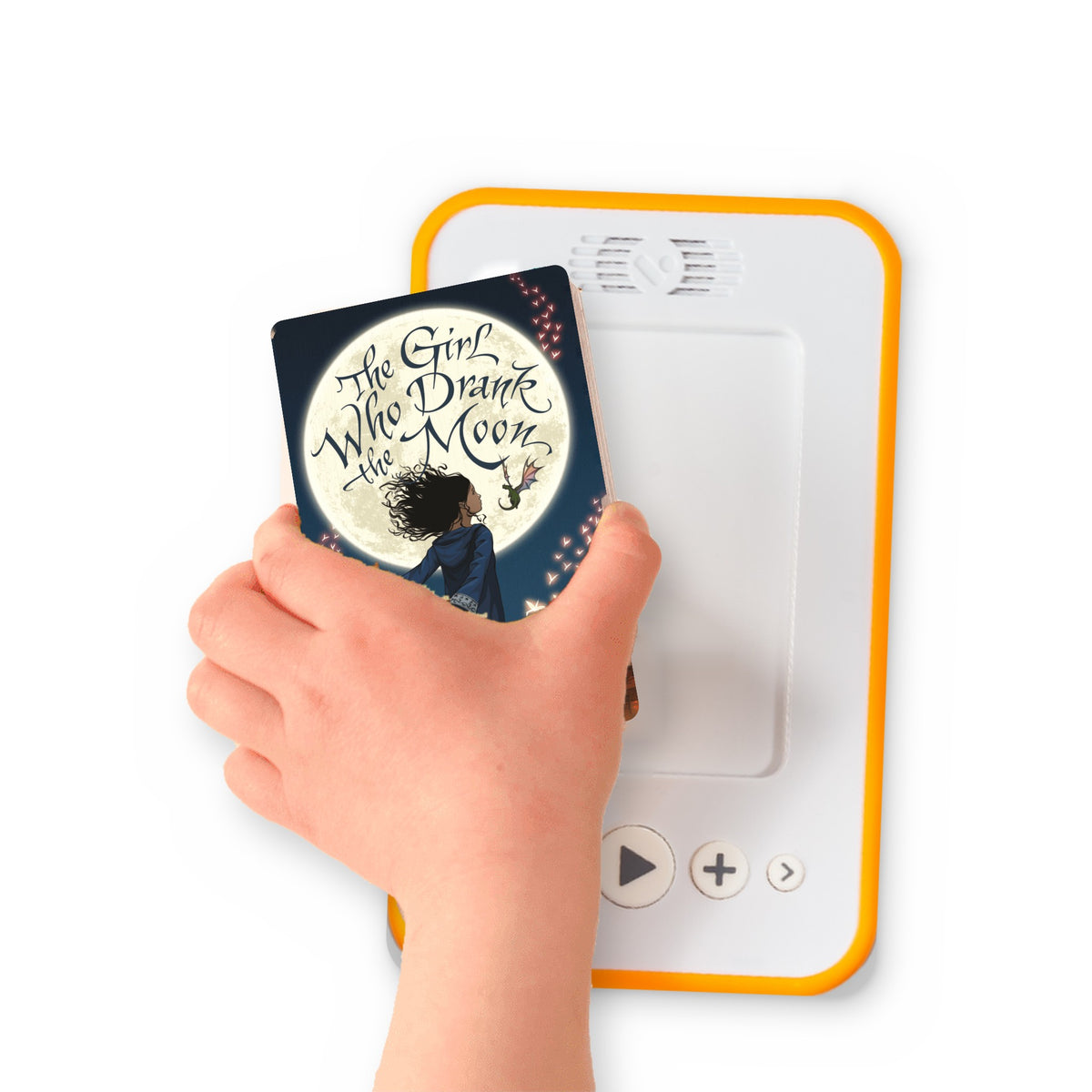 A hand holding the audiobook card for The Girl Who Drank the Moon beside a Voxblock audiobook player