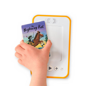A hand holding the audiobook card for The Highway Rat beside a Voxblock audiobook player
