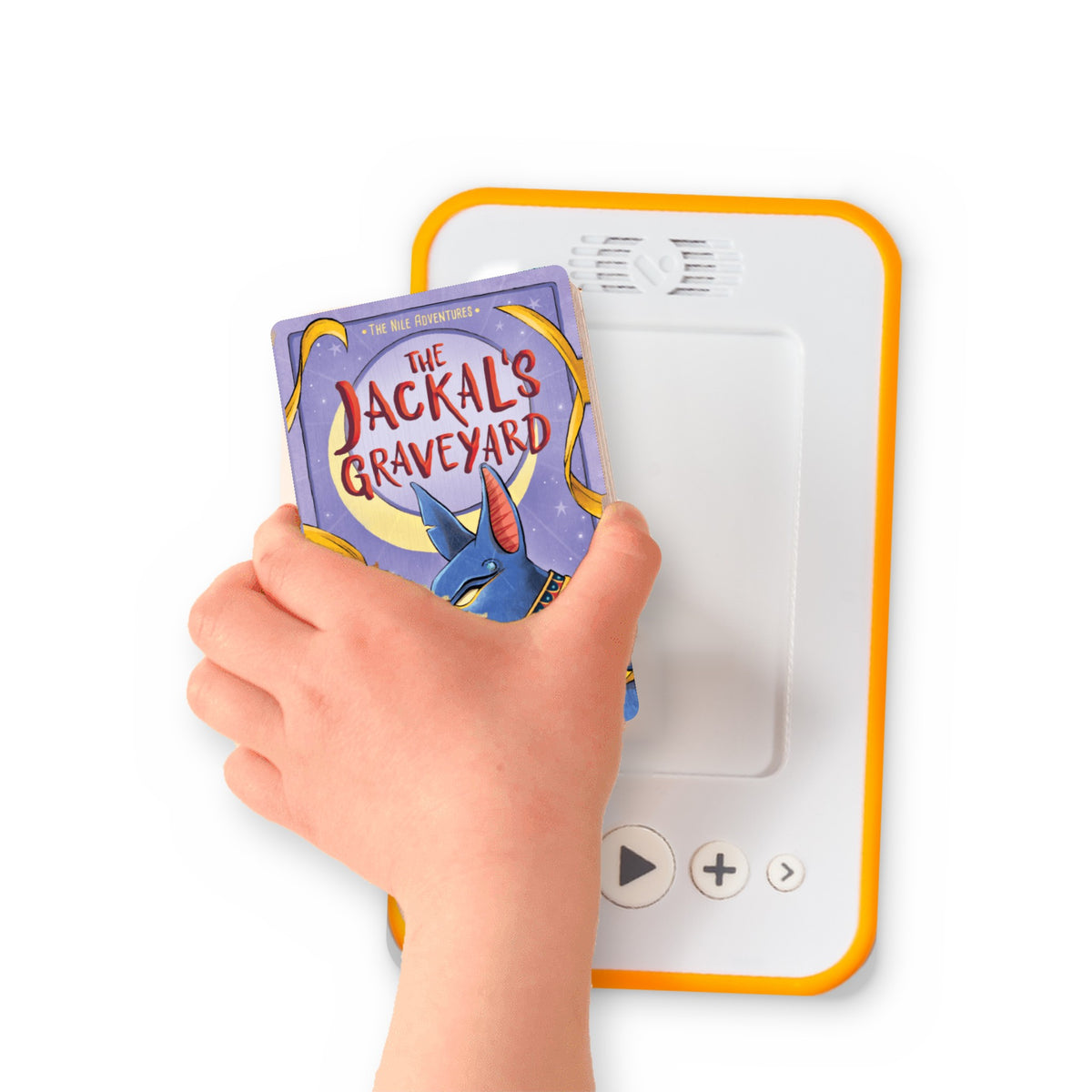A hand holding the audiobook card for The Jackal's Graveyard beside a Voxblock audiobook player