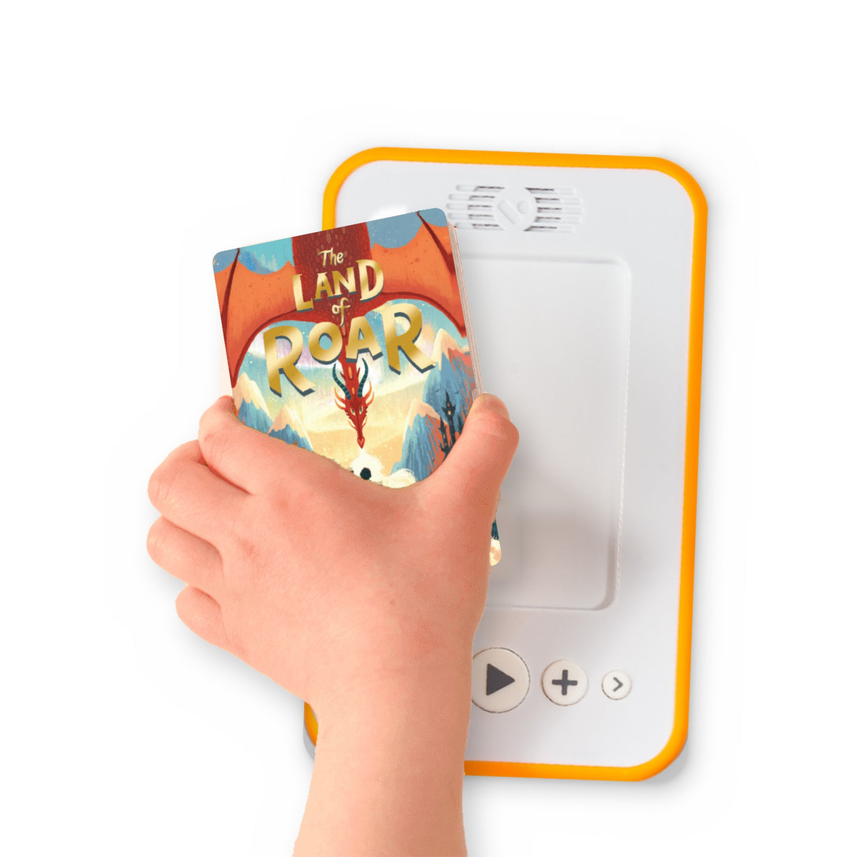 A hand holding the audiobook card for The Land of Roar beside a Voxblock audiobook player