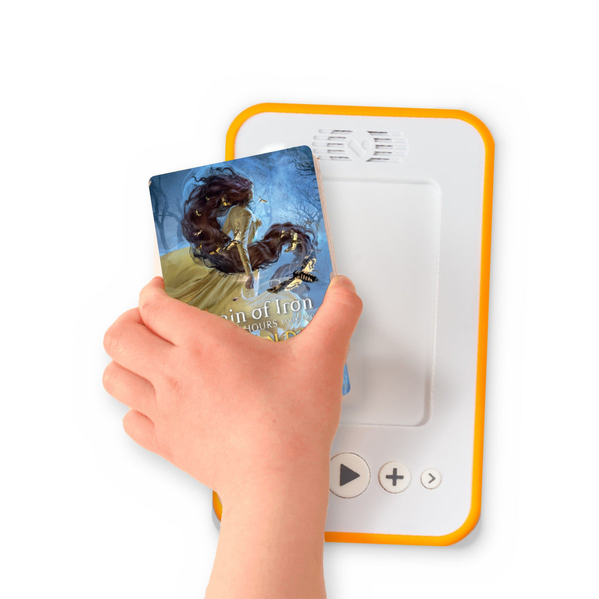 A hand holding the audiobook card for The Last Hours: Chain of Iron beside a Voxblock audiobook player