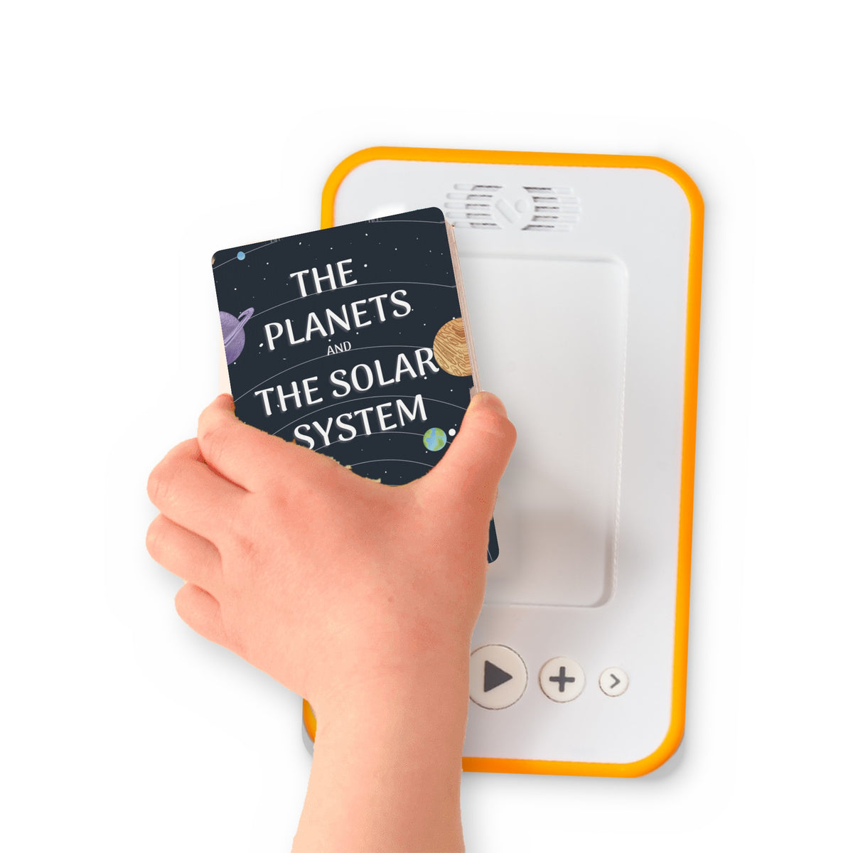 A hand holding the audiobook card for The Planets and The Solar System beside a Voxblock audiobook player