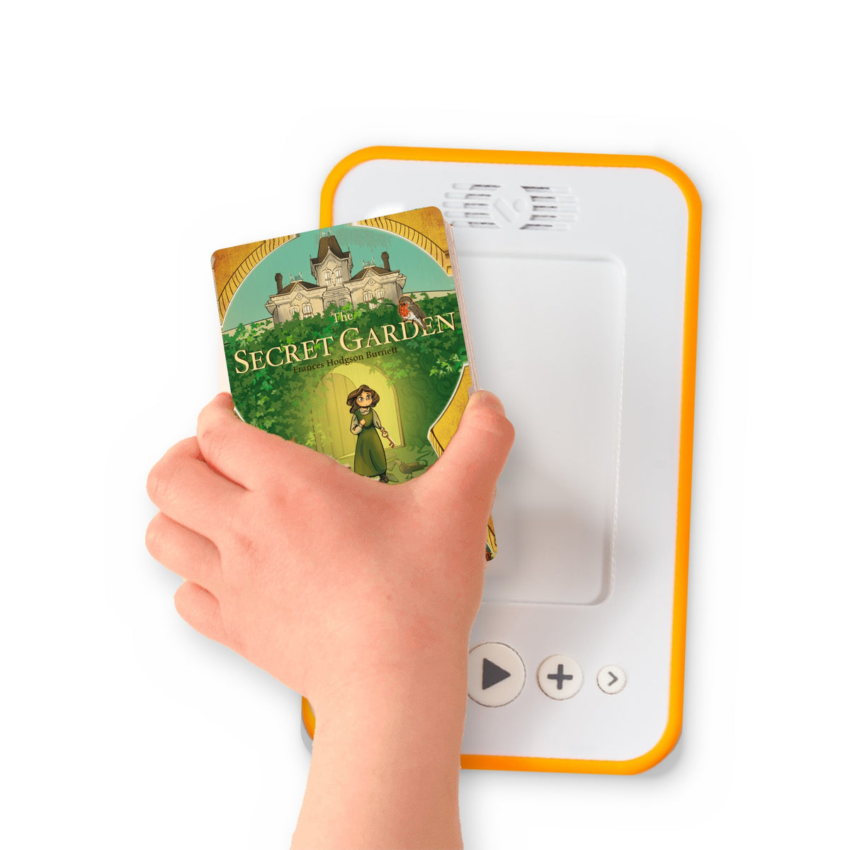 A hand holding the audiobook card for The Secret Garden beside a Voxblock audiobook player