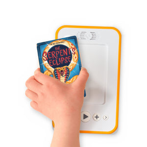 A hand holding the audiobook card for The Serpent's Eclipse beside a Voxblock audiobook player