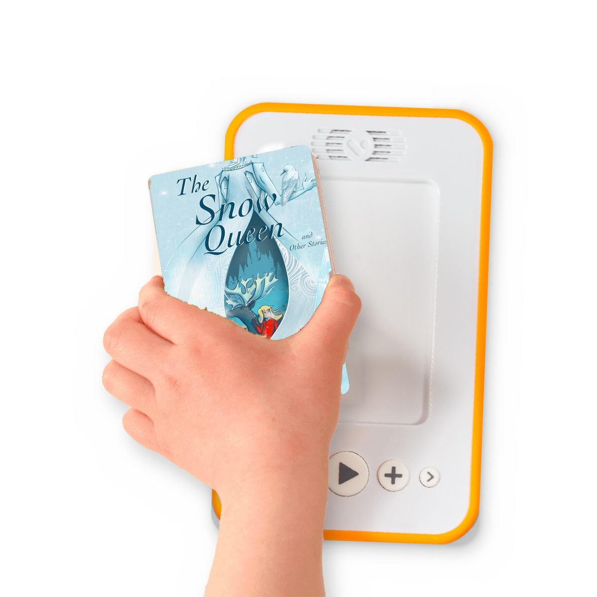 A hand holding the audiobook card for The Snow Queen and Other Stories beside a Voxblock audiobook player