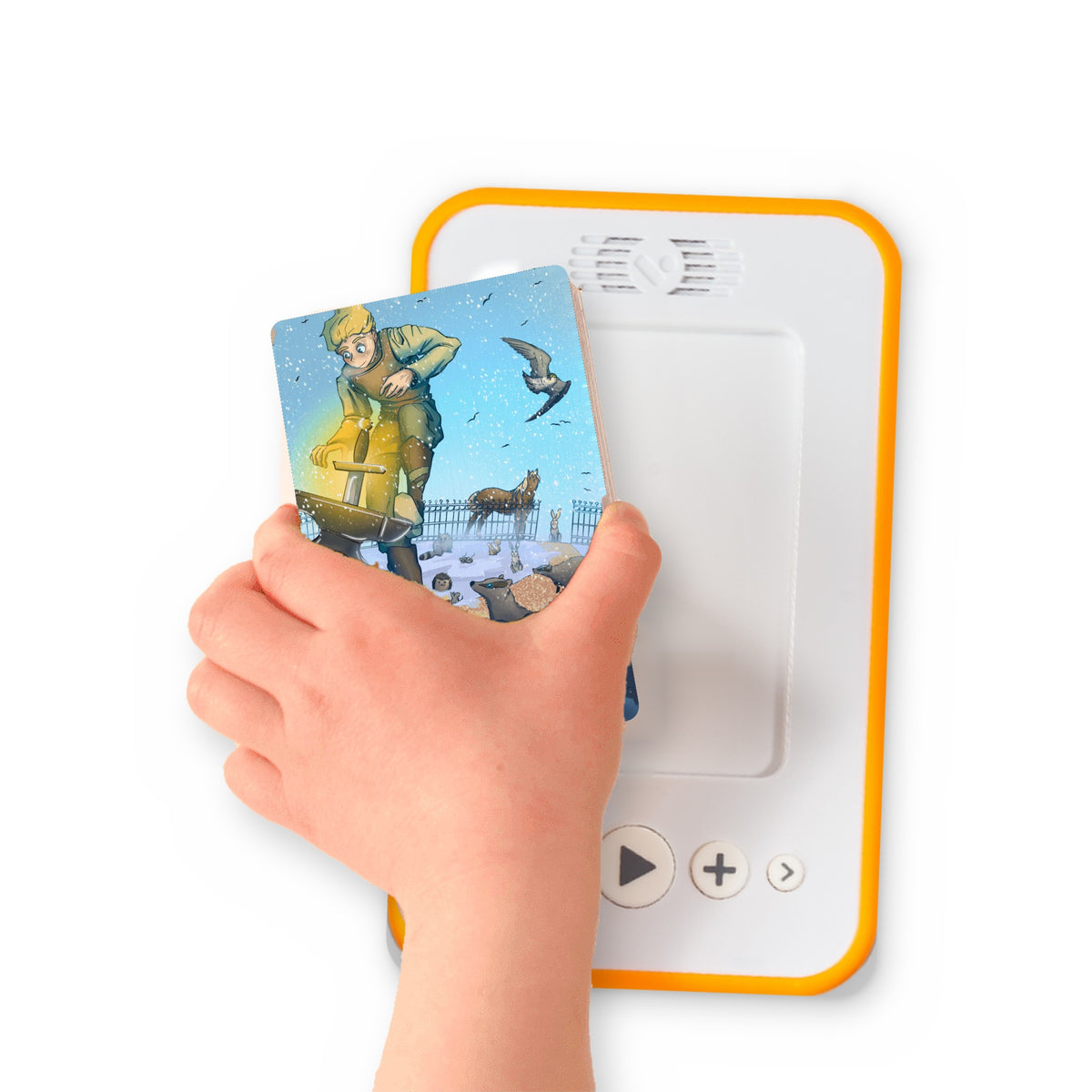 A hand holding the audiobook card for The Sword in the Stone beside a Voxblock audiobook player
