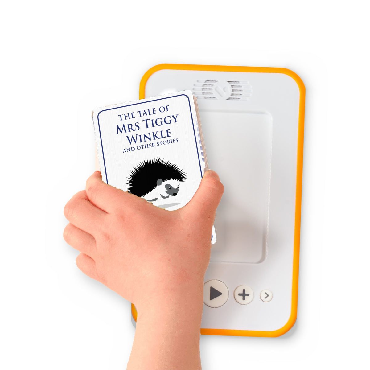 A hand holding the audiobook card for The Tale of Mrs Tiggy Winkle and Other Stories beside a Voxblock audiobook player