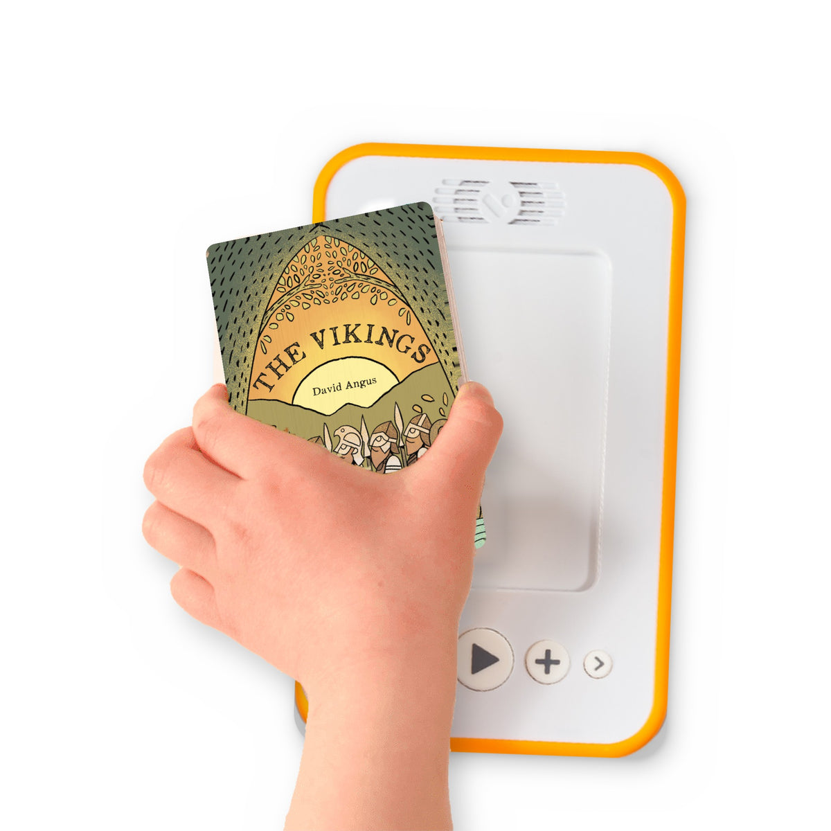A hand holding the audiobook card for The Vikings beside a Voxblock audiobook player