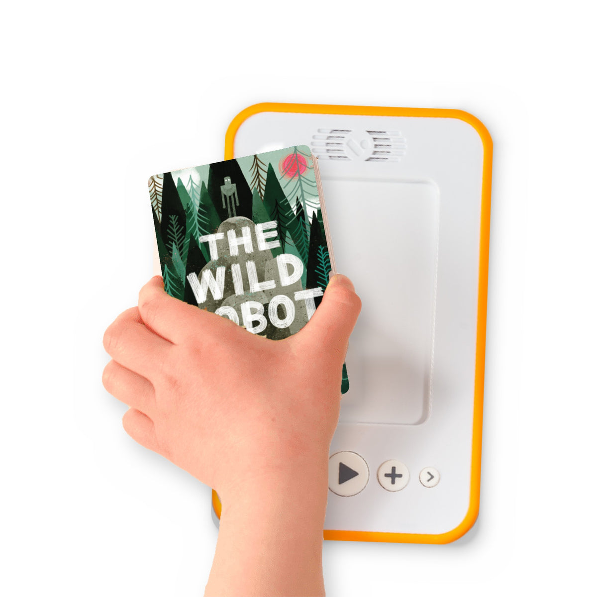 A hand holding the audiobook card for The Wild Robot beside a Voxblock audiobook player
