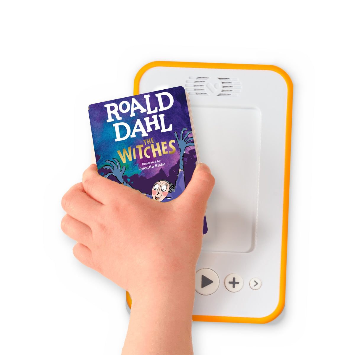 A hand holding the audiobook card for The Witches beside a Voxblock audiobook player