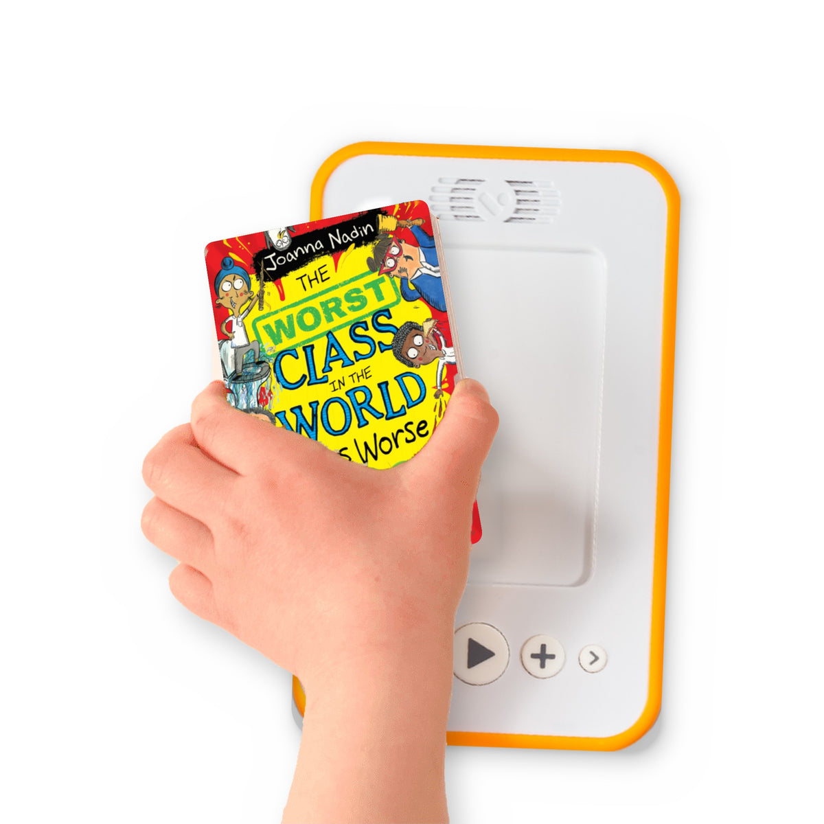 A hand holding the audiobook card for The Worst Class in the World Gets Worse beside a Voxblock audiobook player