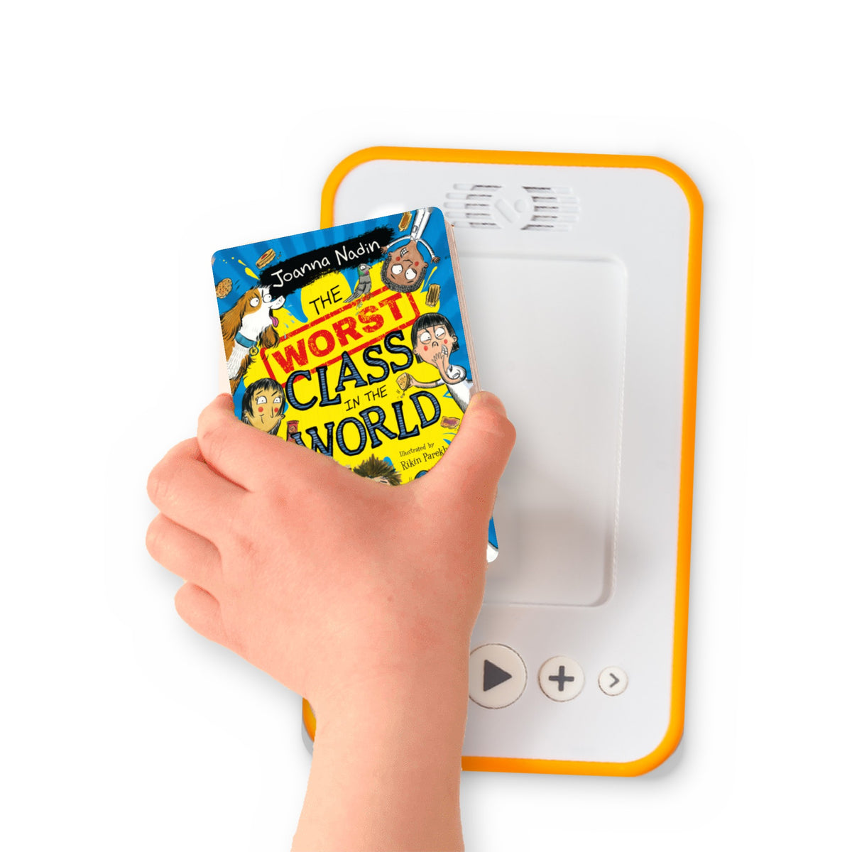 A hand holding the audiobook card for The Worst Class in the World beside a Voxblock audiobook player