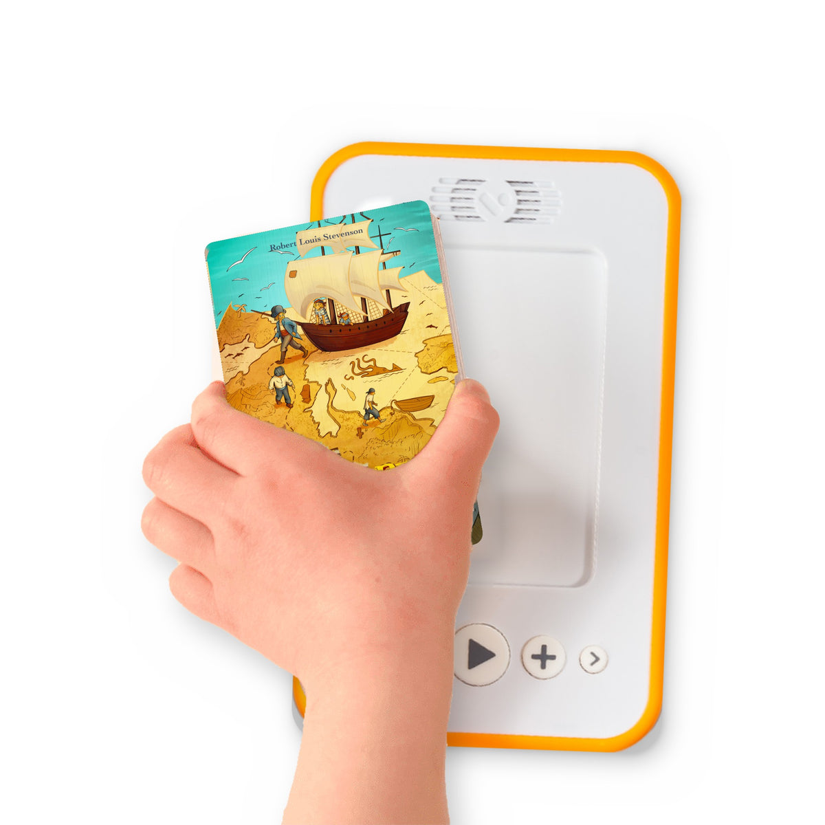 A hand holding the audiobook card for Treasure Island beside a Voxblock audiobook player