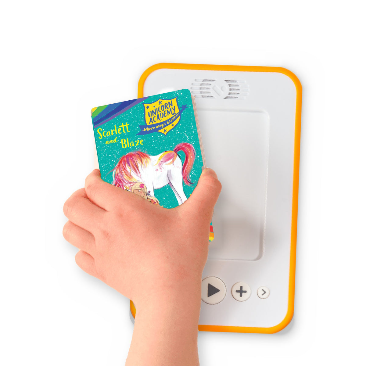 A hand holding the audiobook card for Unicorn Academy: Scarlett and Blaze beside a Voxblock audiobook player