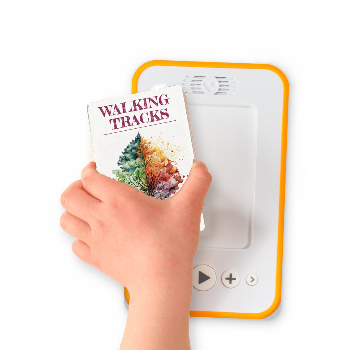 A hand holding the audiobook card for Walking Tracks beside a Voxblock audiobook player