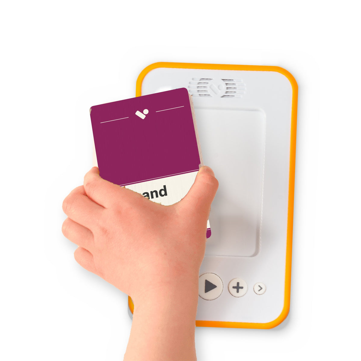 A hand holding the audiobook card for War and Peace beside a Voxblock audiobook player
