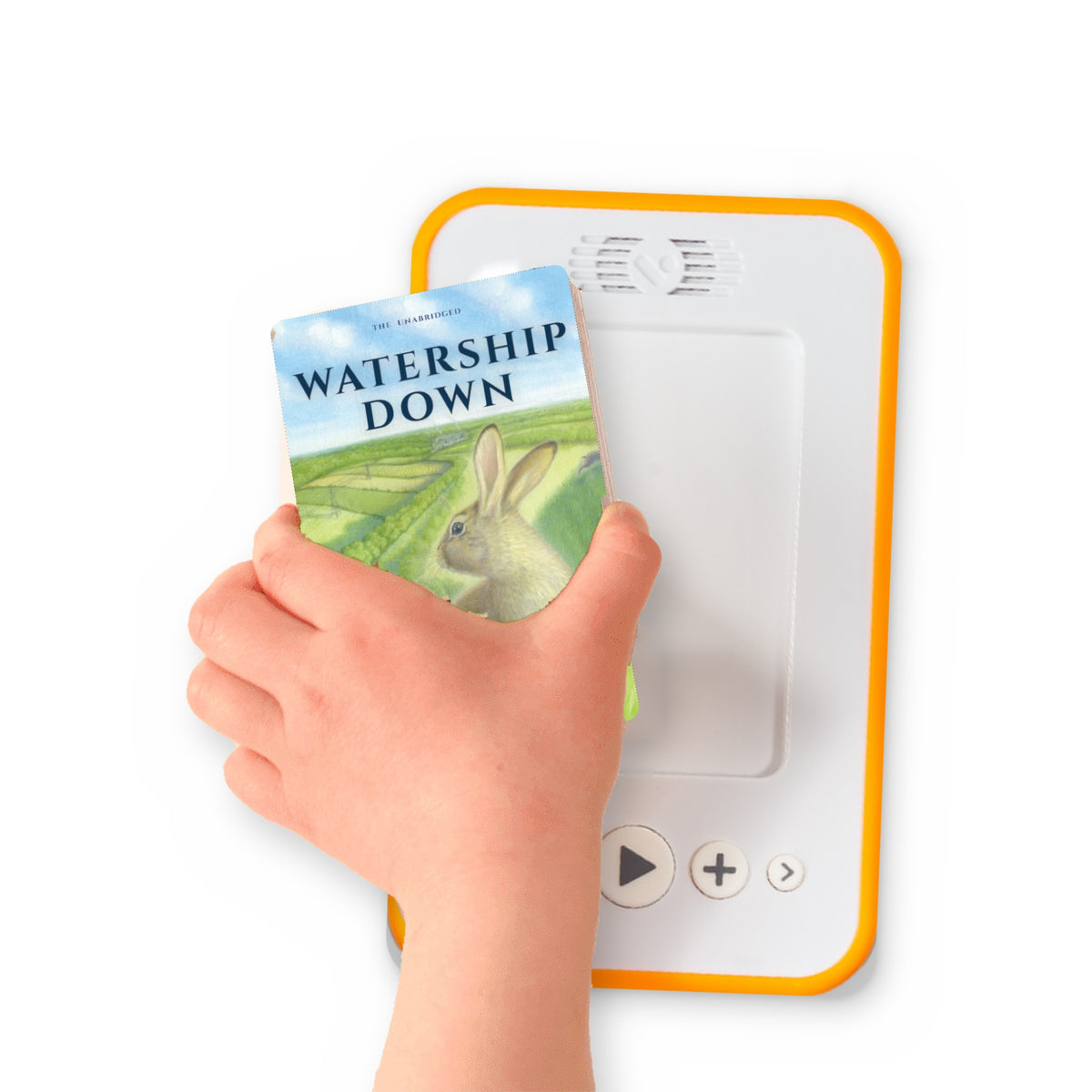 A hand holding the audiobook card for Watership Down beside a Voxblock audiobook player