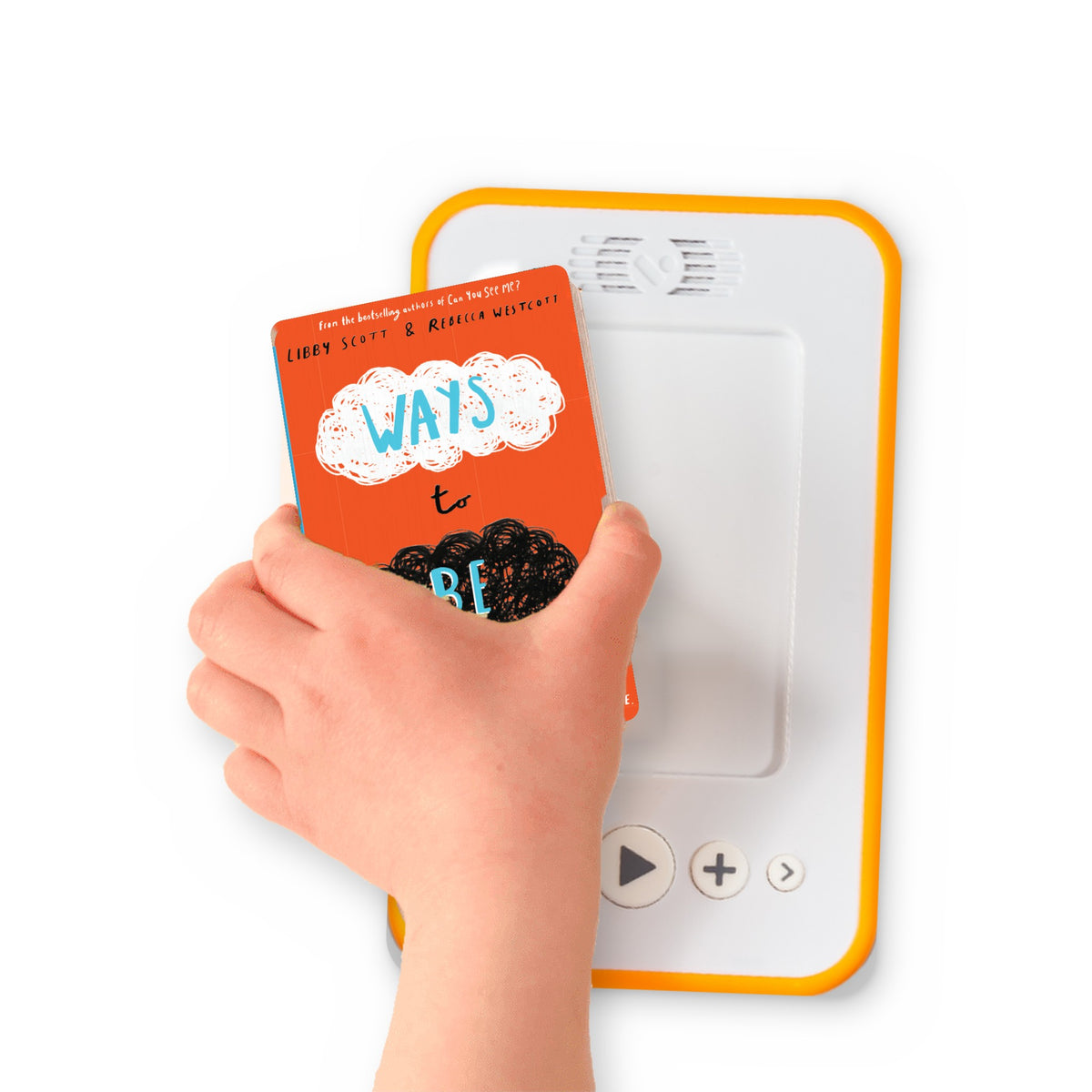 A hand holding the audiobook card for Ways to be me beside a Voxblock audiobook player
