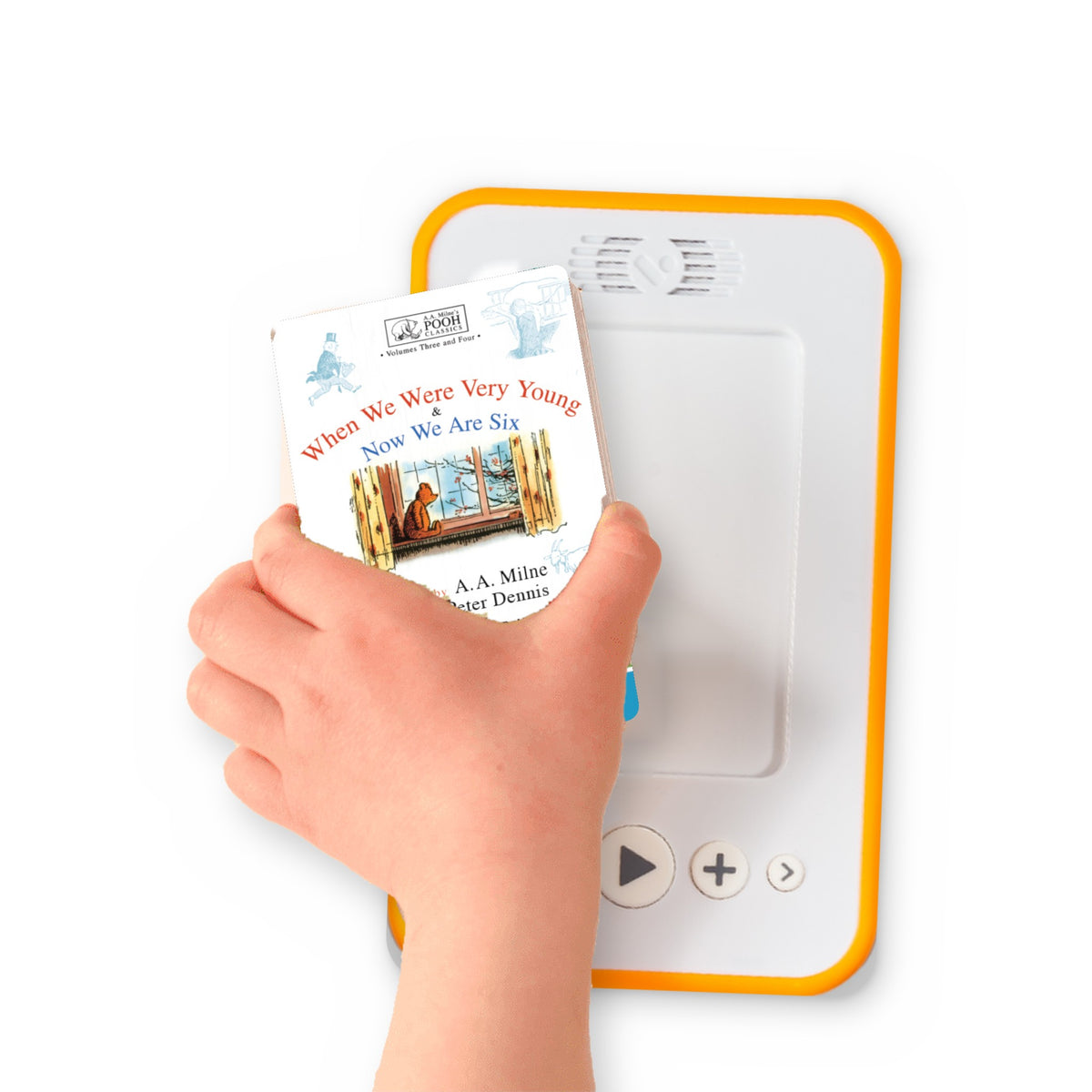 A hand holding the audiobook card for When We Were Very Young & Now We Are Six beside a Voxblock audiobook player