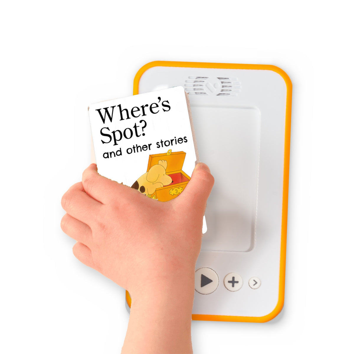 A hand holding the audiobook card for Where's Spot? and Other Stories beside a Voxblock audiobook player