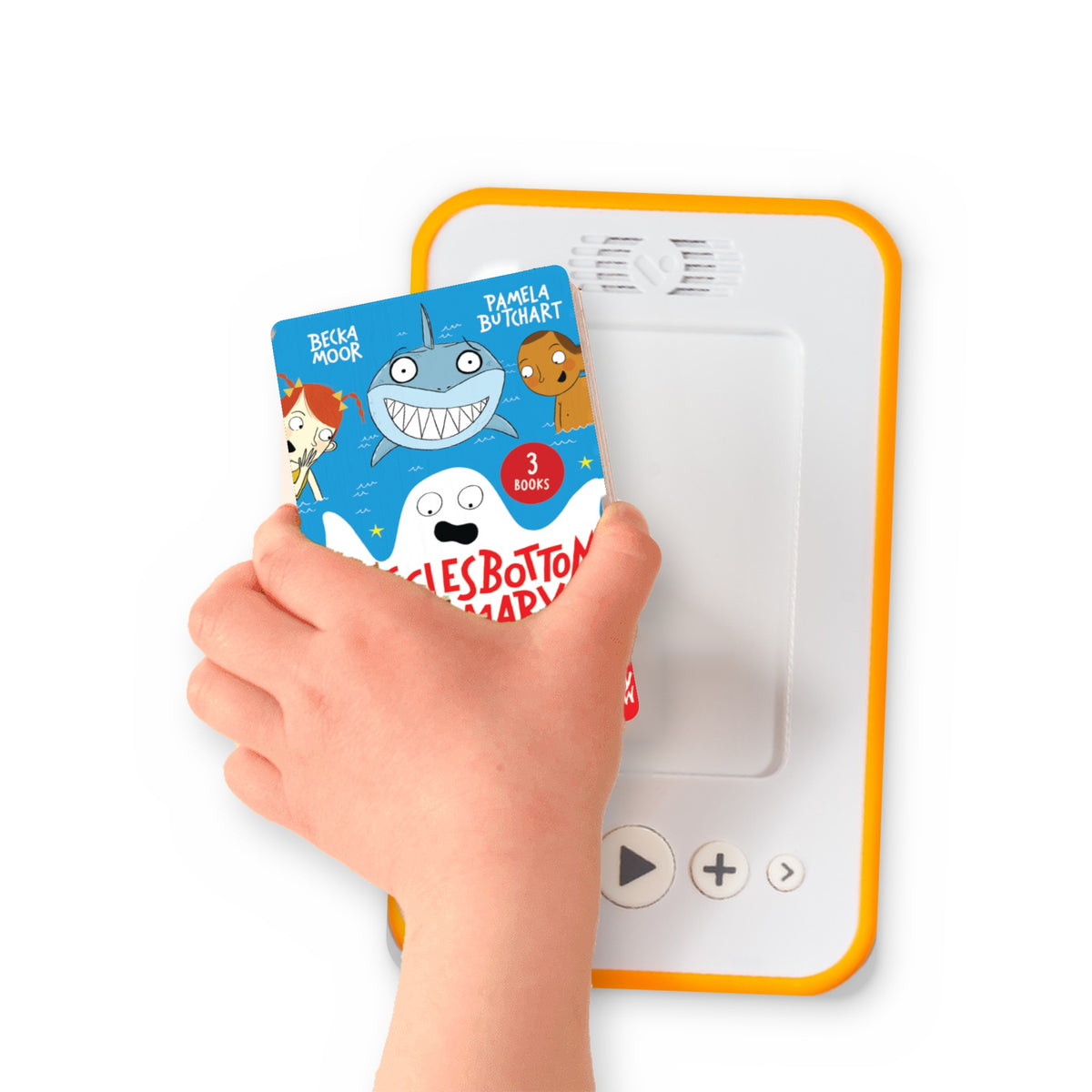 A hand holding the audiobook card for Wigglesbottom Primary Vol. 1 beside a Voxblock audiobook player