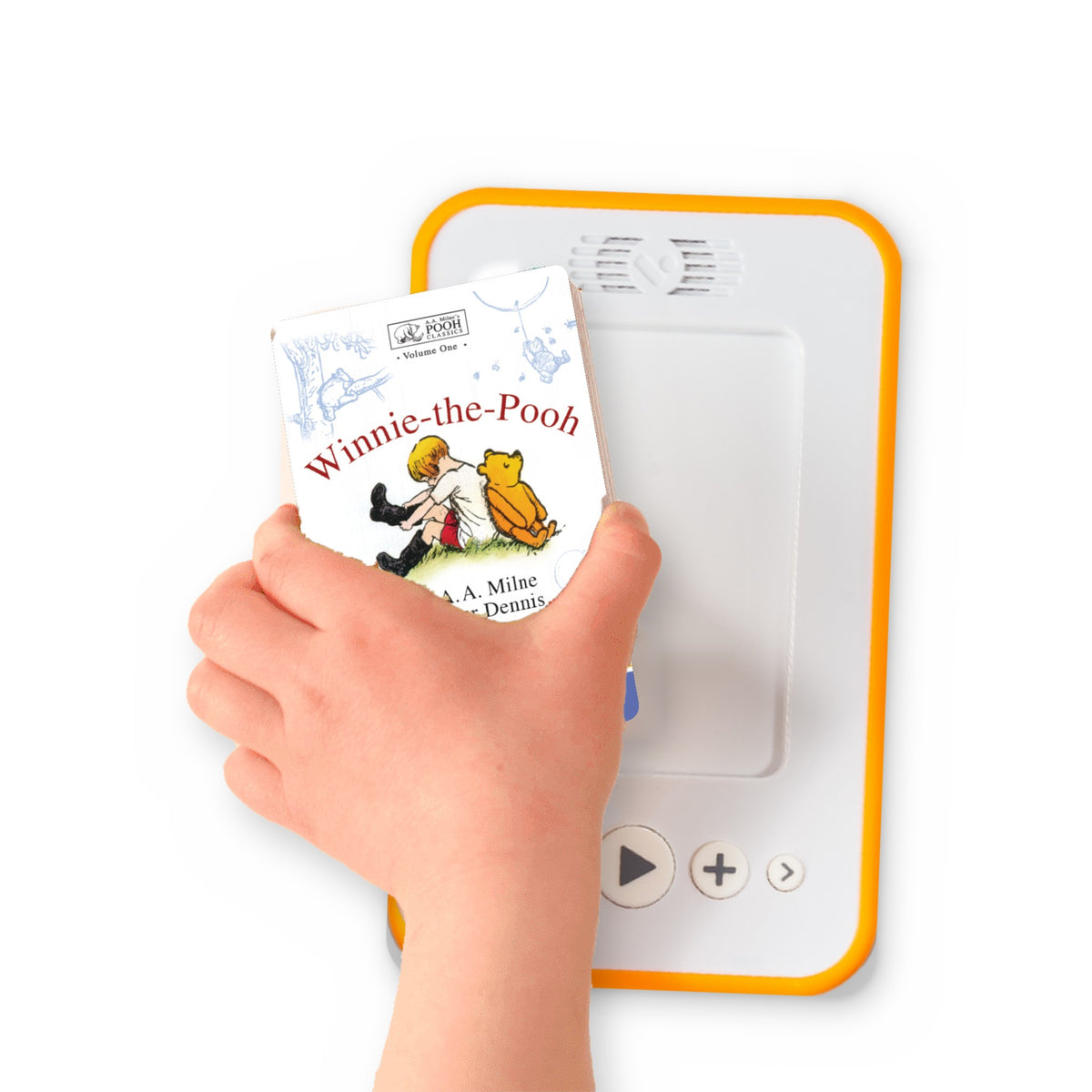 A hand holding the audiobook card for Winnie-the-Pooh beside a Voxblock audiobook player