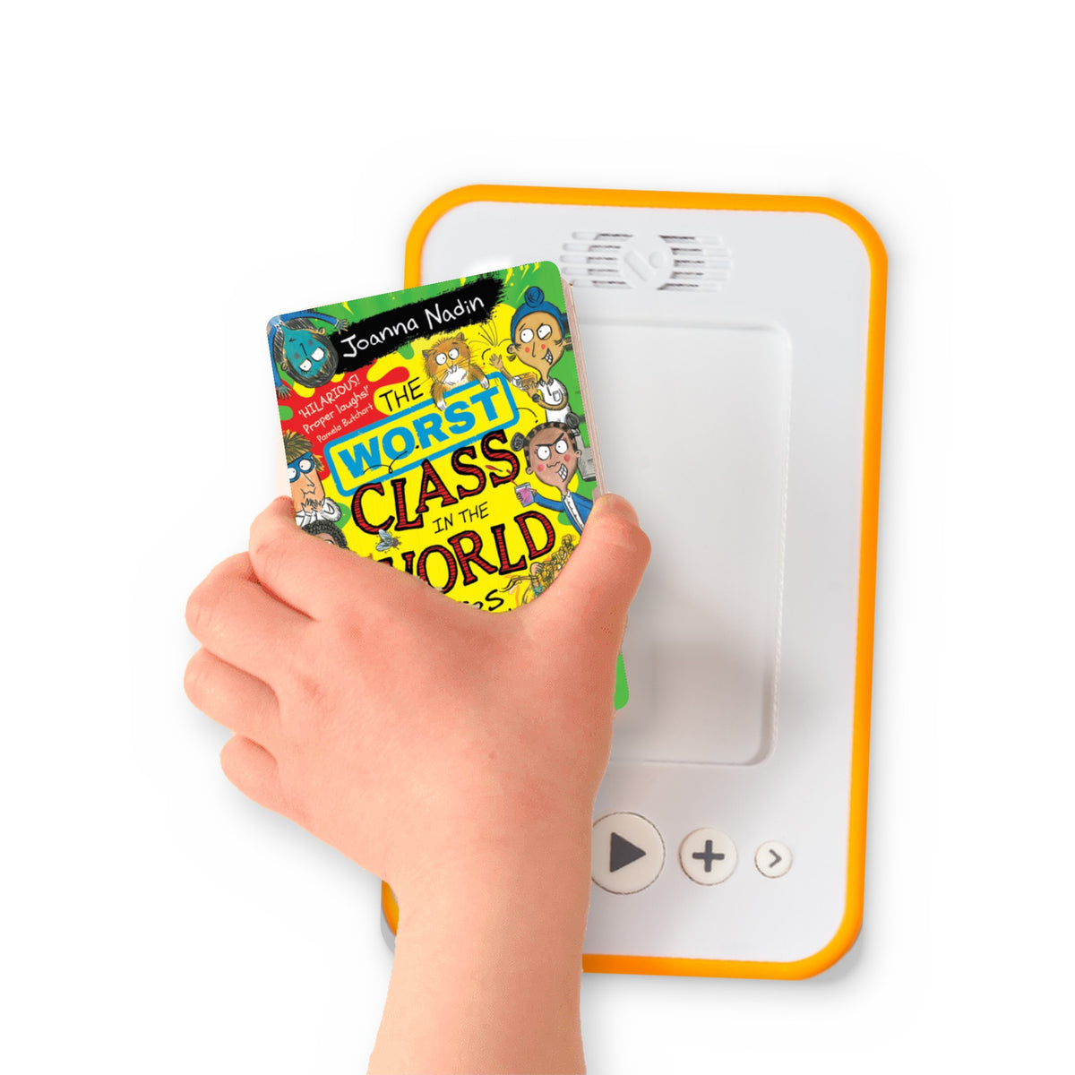 A hand holding the audiobook card for Worst Class in the World Dares You! beside a Voxblock audiobook player