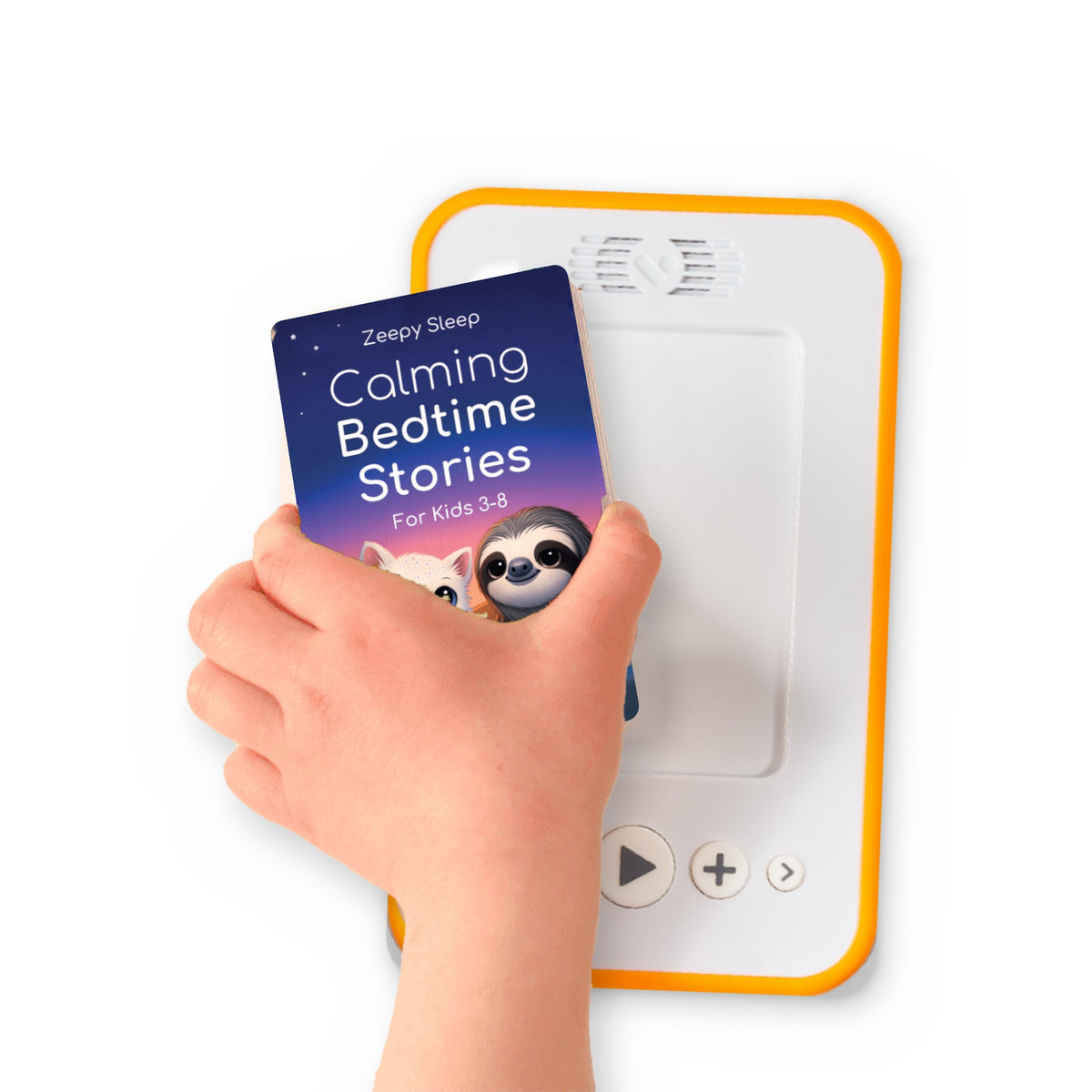 A hand holding the audiobook card for Zeepy Sleep Podcast beside a Voxblock audiobook player