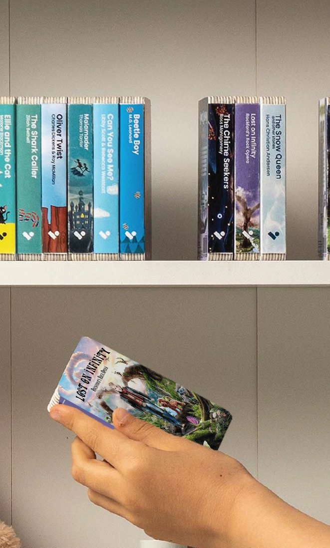 A hand taking the Lost on Infinity audiobook from a shelf of Voxblock audiobooks