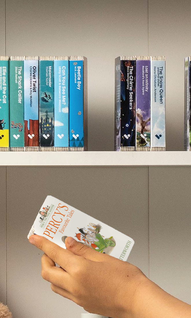 A hand taking the Percy’s Favourite Tales audiobook from a shelf of Voxblock audiobooks