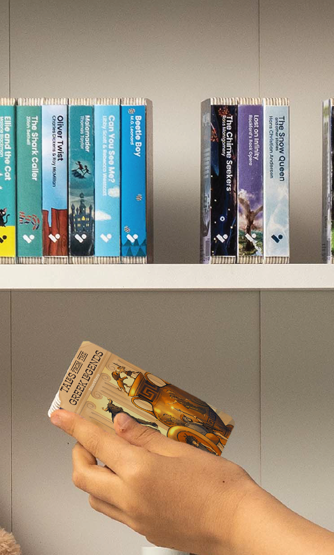A hand taking the Tales from the Greek Legends audiobook from a shelf of Voxblock audiobooks