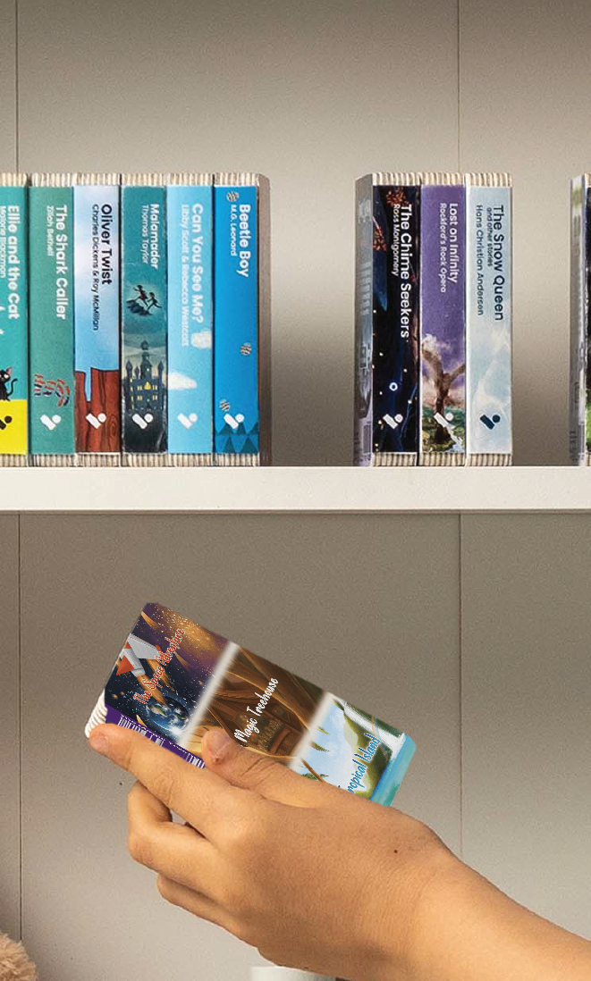 A hand taking The Magic Treehouse + The Tropical Island + The Space Adventure audiobook from a shelf of Voxblock audiobooks