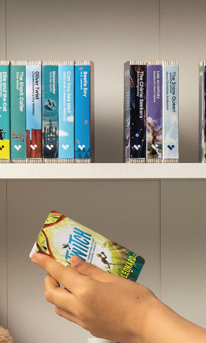 A hand taking the Twitch audiobook from a shelf of Voxblock audiobooks