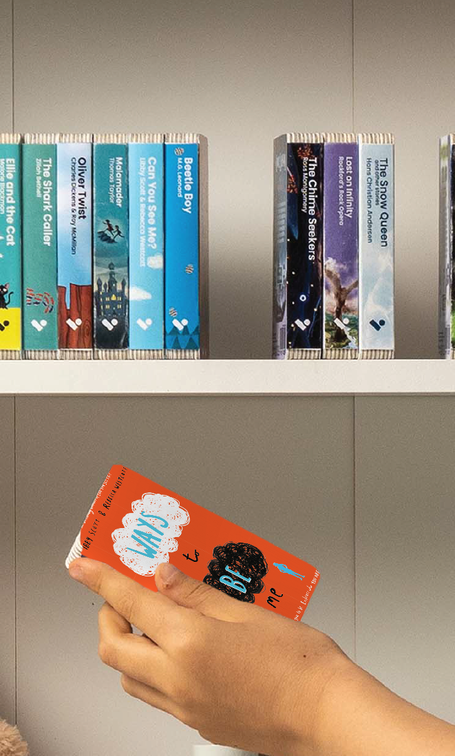 A hand taking the Ways to be me audiobook from a shelf of Voxblock audiobooks