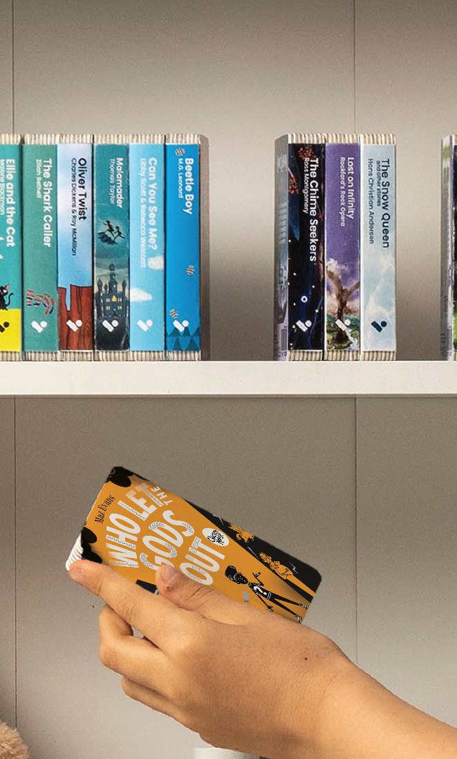 A hand taking the Who Let the Gods Out? audiobook from a shelf of Voxblock audiobooks