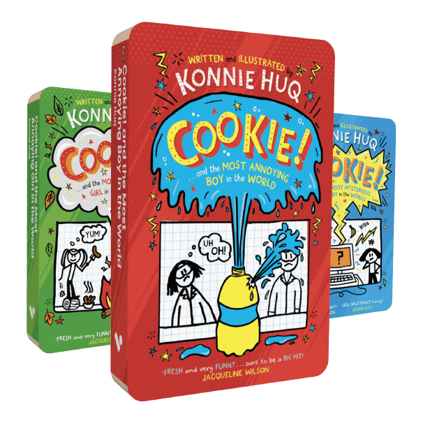 An image of the front covers of three audiobooks in Konnie Huq's Cookie series. In the front is Cookie and the Most Annoying Boy in the World. Behind it are Cookie and the Most Annoying Girl in the World, and Cookie and the Most Mysterious Mystery in the World.
