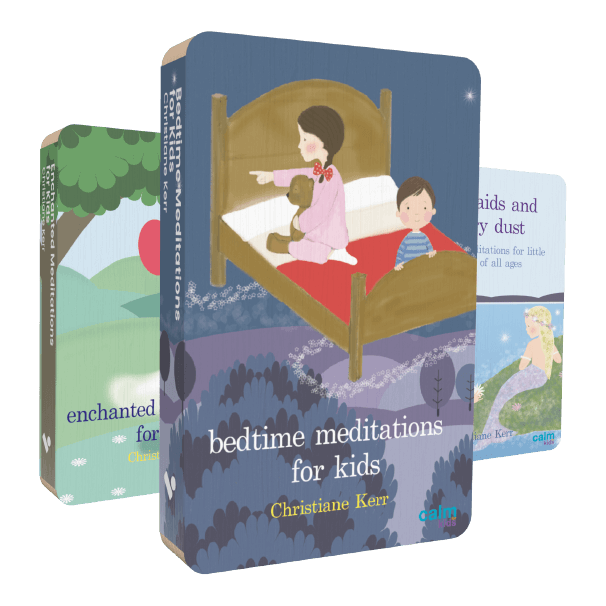 The front covers of the three audiobooks in Voxblock's Meditation Bundle from Christiane Kerr. In the front is Bedtime Meditations for Kids. Behind it is Enchanted Meditations for Kids, and Mermaids and Fairy Dust.