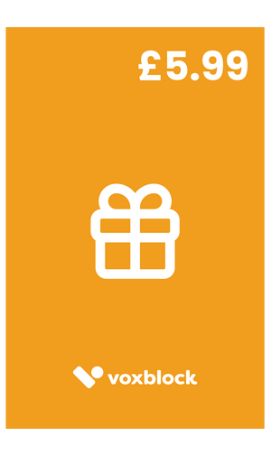 Image of a physical Voxblock gift card, valued at £5.99.