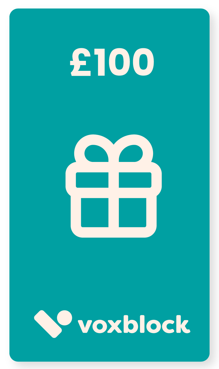 This image shows a Voxblock e-gift card for the value of £100.