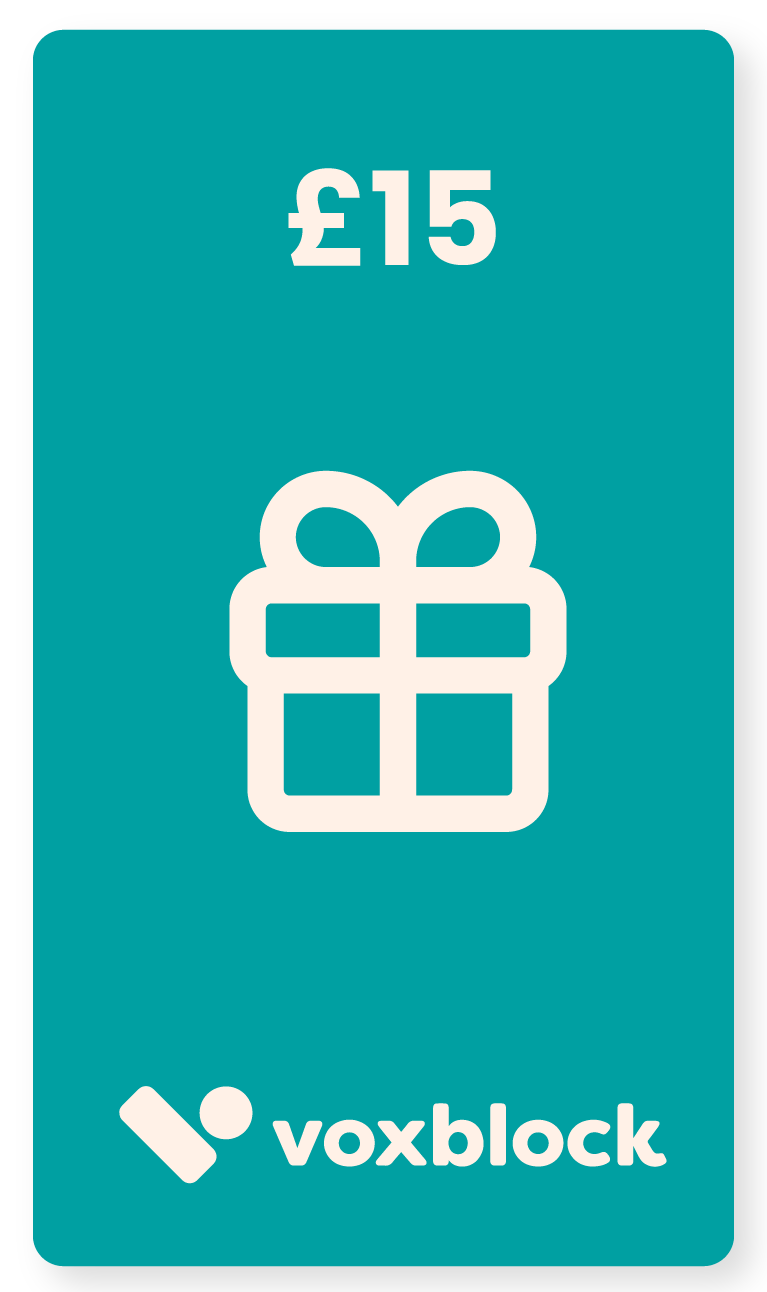 This image shows a Voxblock e-gift card for the value of £15.
