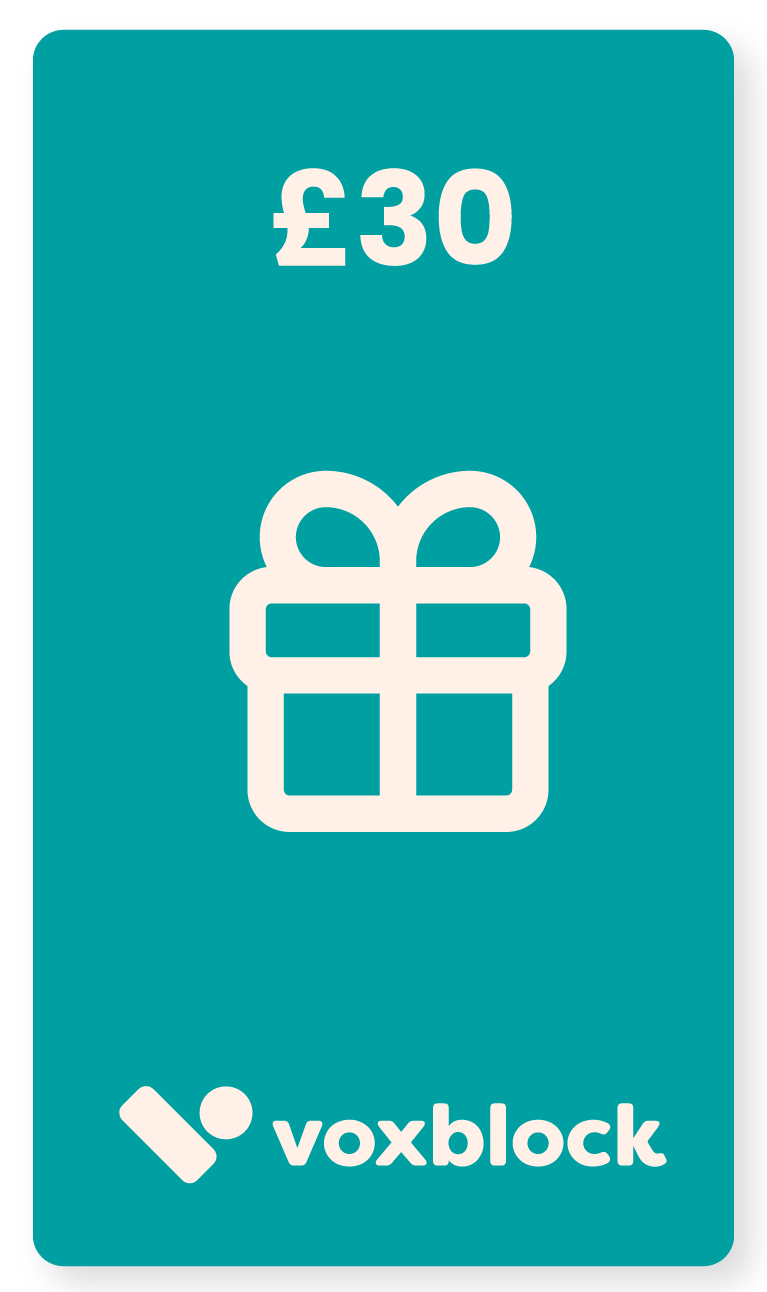 This image shows a Voxblock e-gift card for the value of £30.