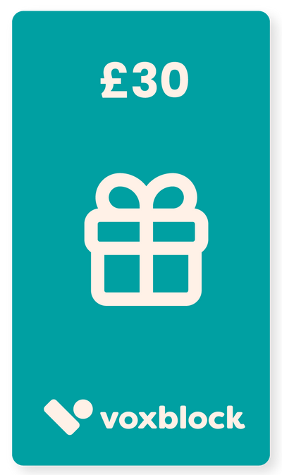 This image shows a Voxblock e-gift card for the value of £30.