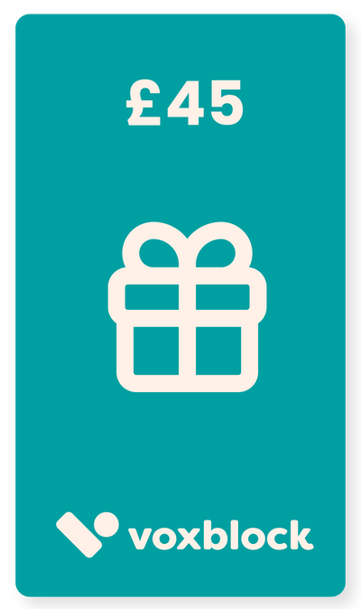 This image shows a Voxblock e-gift card for the value of £45.