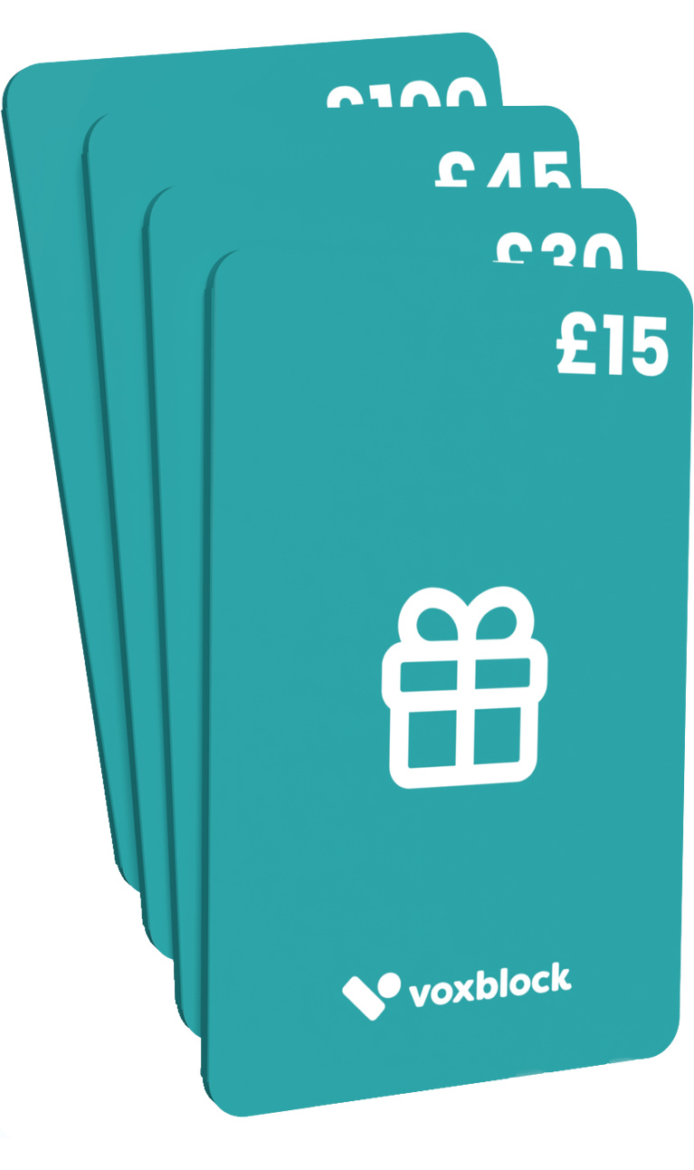 This image shows a stack of Voxblock e-gift cards.