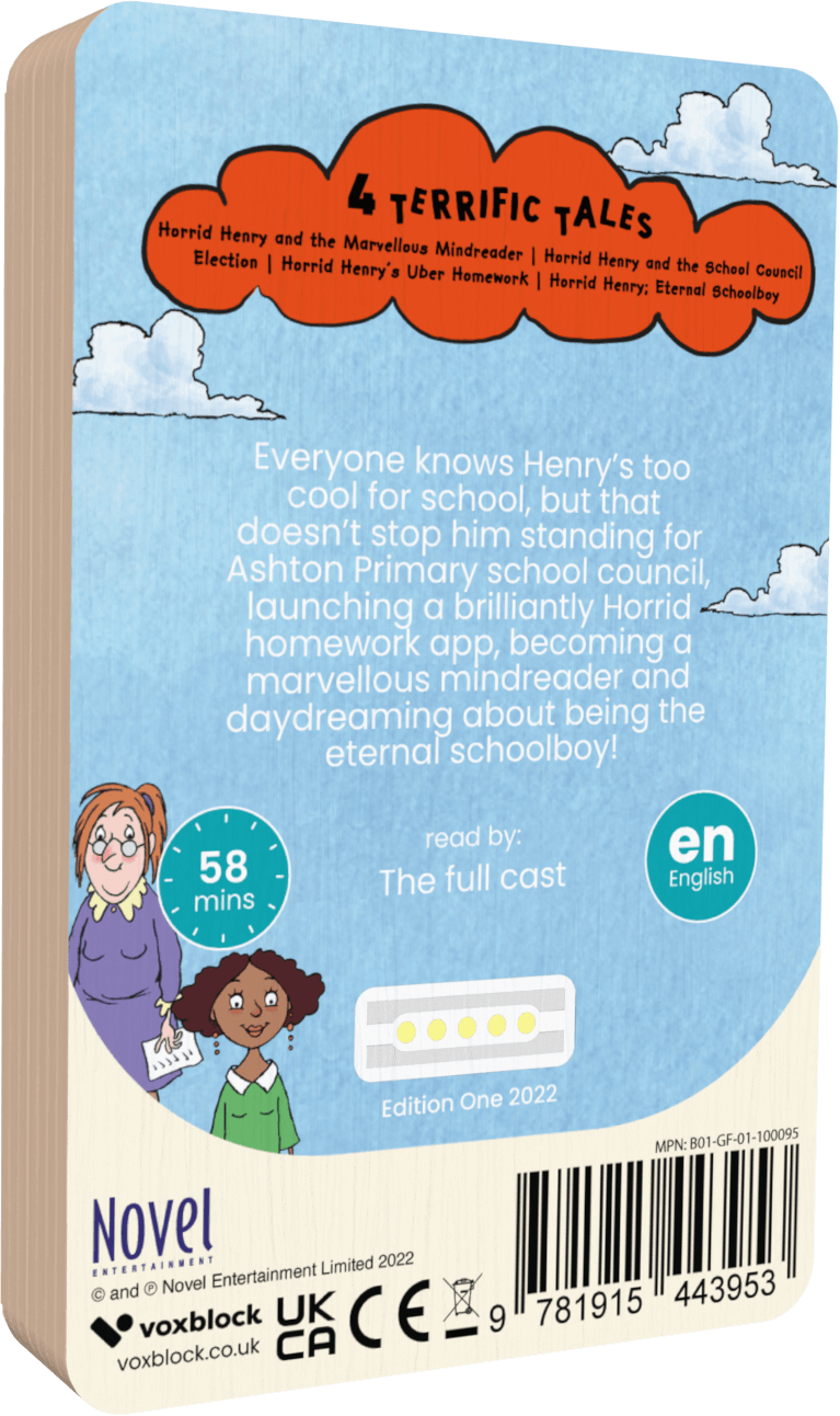 Horrid Henrys Super School Stories audiobook back cover.