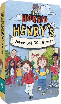 Front view of Horrid Henry's Super School Stories Voxblock, a physical audiobook made of layers of card, about the size of a cassette. Cover art shows Henry and his friends wearing school backpacks, in front of the school building.