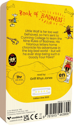 Little Wolfs Book Of Badness audiobook back cover.