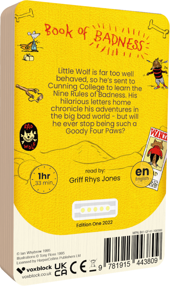 Little Wolfs Book Of Badness audiobook back cover.