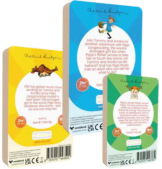 This image shows the back covers of the three audiobooks included in Voxblock's Pippi Longstocking Bundle. From left to right, they are Pippi Longstocking, Pippi Longstocking Goes Abroad, and Pippi Longstocking in the South Seas.
