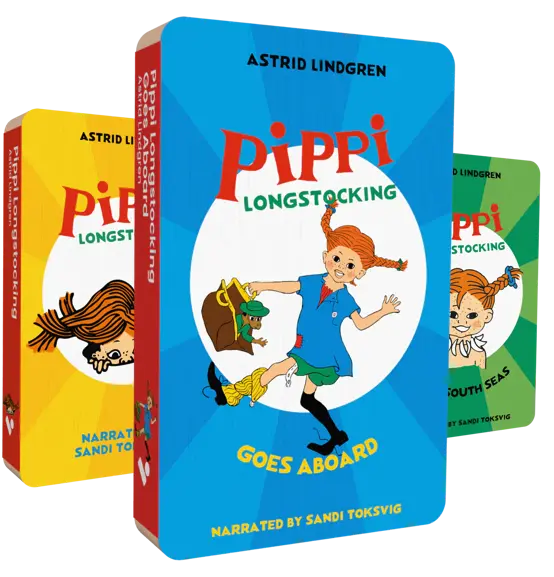 This image is of the front covers of the three audiobooks included in Voxblock's Pippi Longstocking Bundle. In the front is Pippi Longstocking Goes Abroad. Behind it are Pippi Longstocking, and Pippi Longstocking in the South Seas.